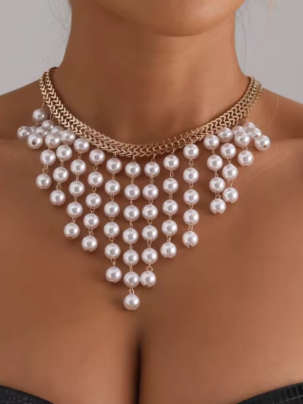 Gold-Tone Layered Pearl Bib Necklace - White Pearls - Picture 5 of 10